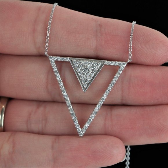 19595 EFFY 14K White Gold 0.75ct Pave Diamond Double Triangle Pendant 18'' Chain - Picture 2 of 7